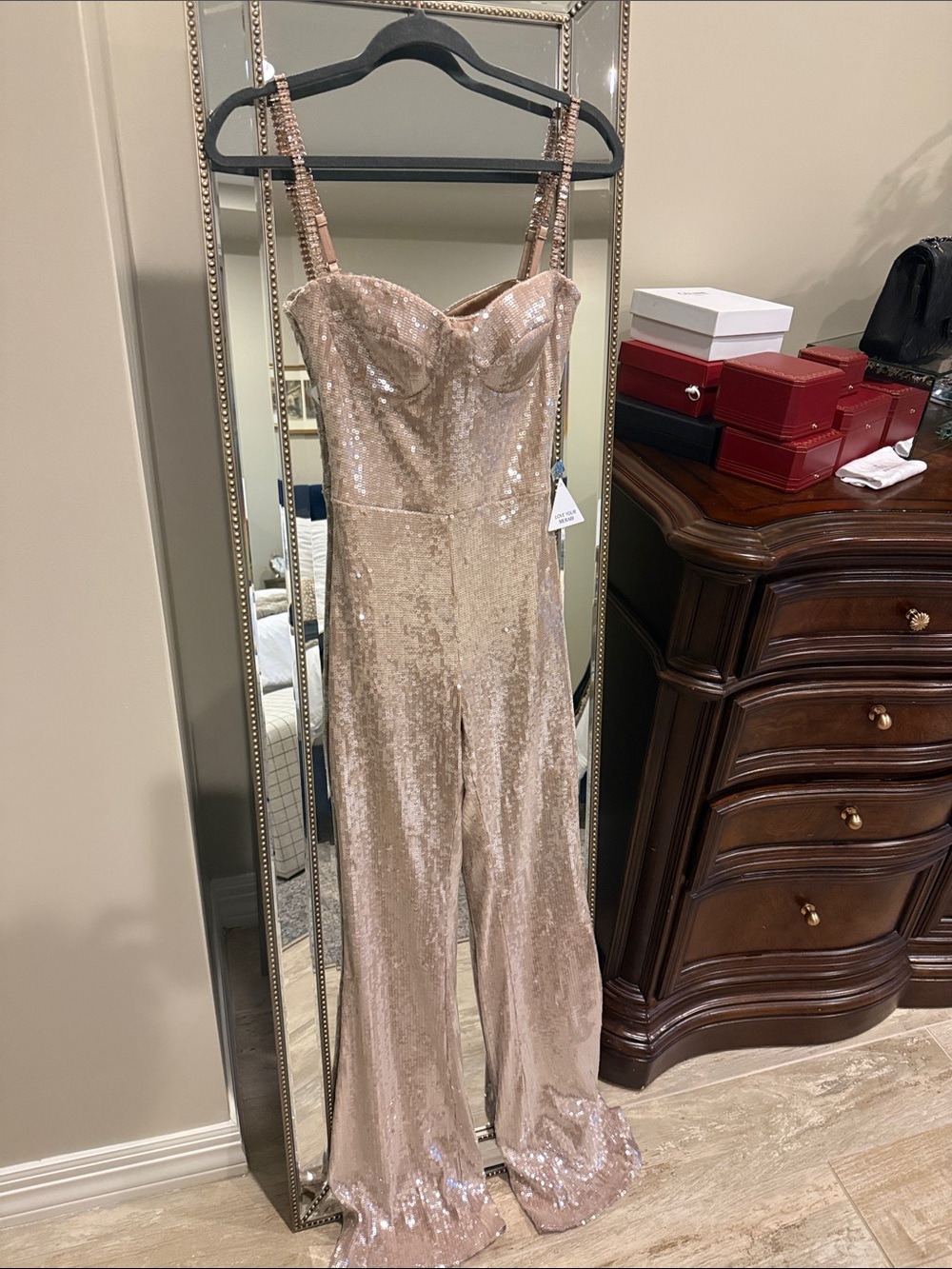 NADINE MERABI Rose Gold Sequin Wide-Leg Jumpsuit